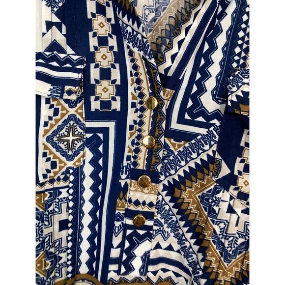 SOLD💙Cocomo Top Women Size Large Blue White Geometric Blouse Stretch 3/4 Sleeves - Picture 8 of 16